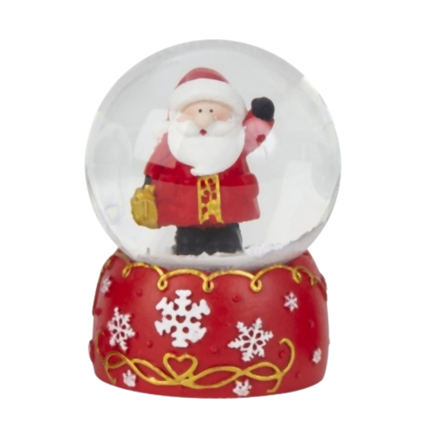 Süße Schneekugel Weihnachtsmann auf Sockel rot weiße Schneeflocke B: 65mm - Schneekugelhaus