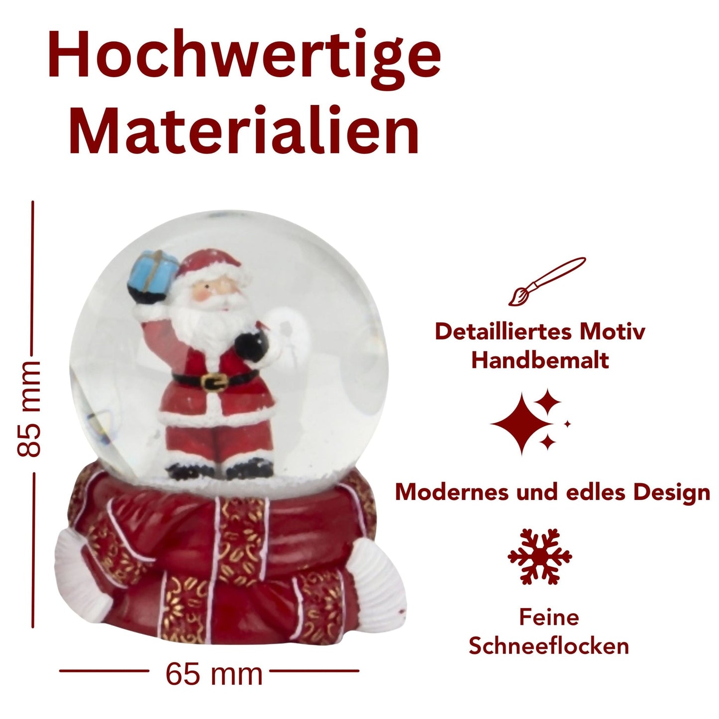 Süße Schneekugel Weihnachtsmann Schneeball auf Sockel rot gold Winterschal B: 65mm - Schneekugelhaus
