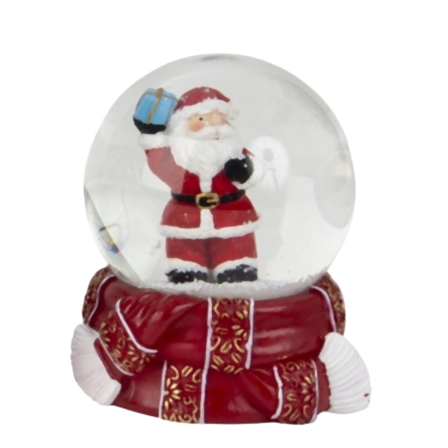 Süße Schneekugel Weihnachtsmann Schneeball auf Sockel rot gold Winterschal B: 65mm - Schneekugelhaus