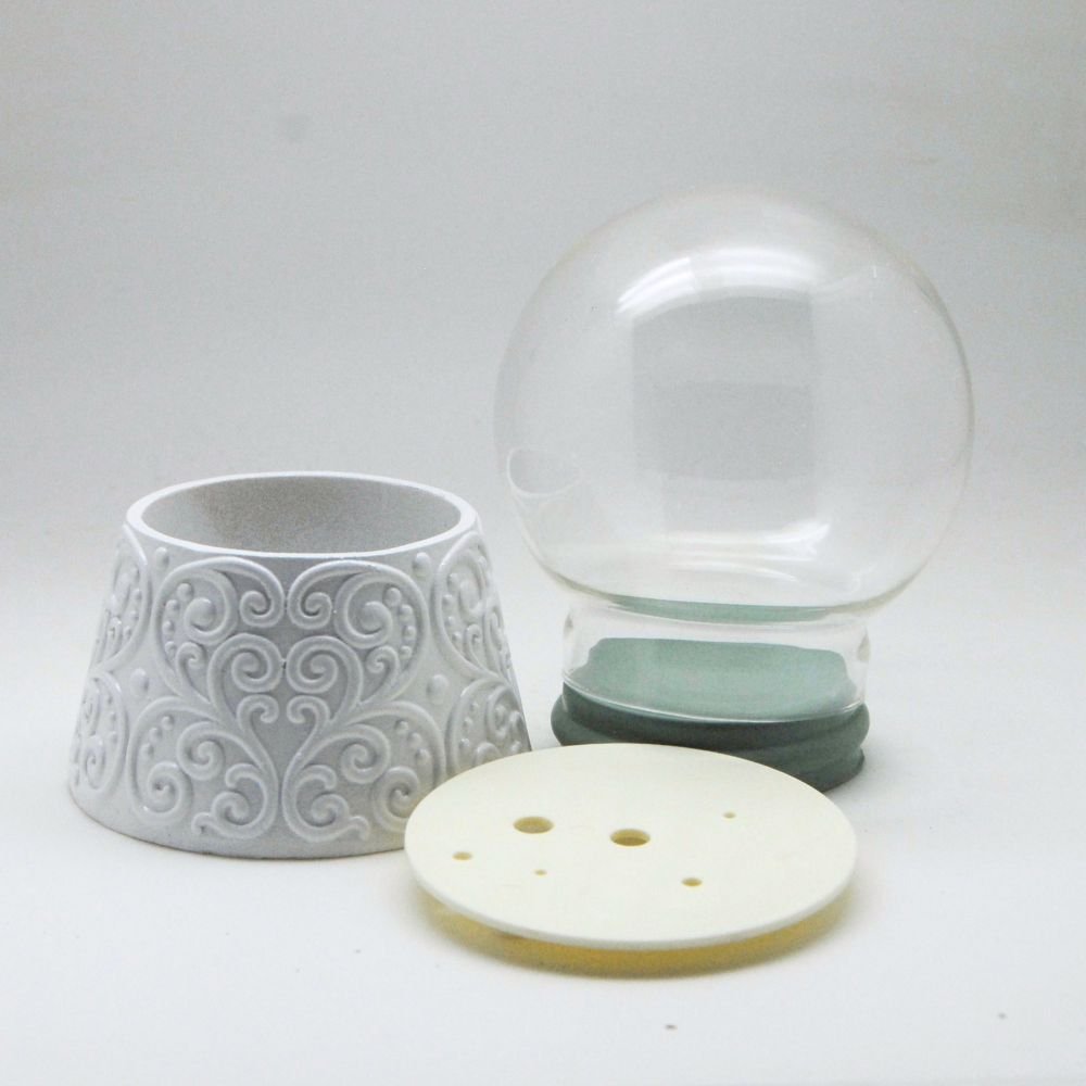 100mm-Do-it-Yourself Schneekugel mit Sockel Ornamente weiß mit Relief für Spieluhr - Schneekugelhaus