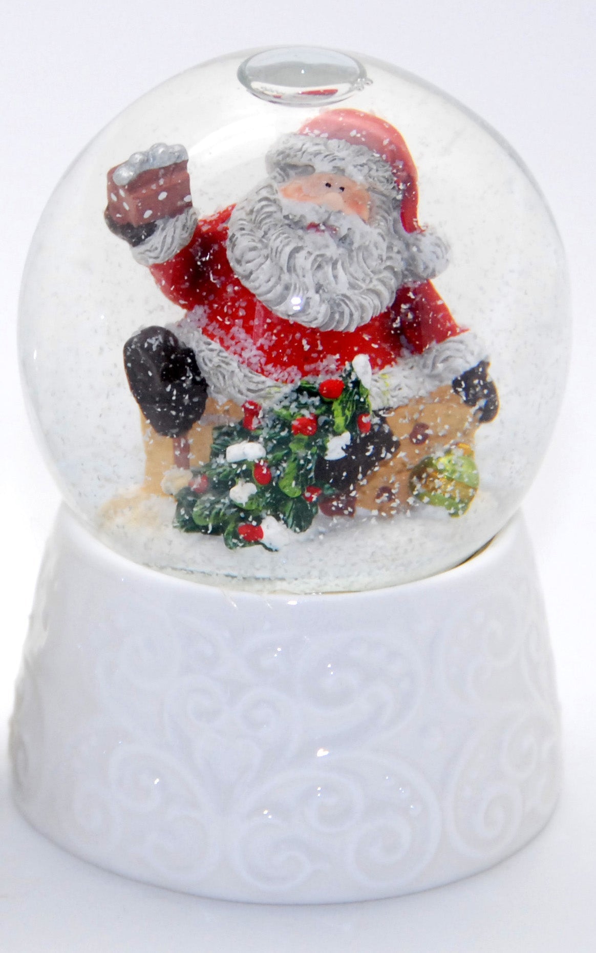 2er-Set Schneekugel Weihnacht Schneemann auf nostalgischem Sockel mit Geschenk und Winterhütte 65mm Durchmesser - Luftblase - Schneekugelhaus