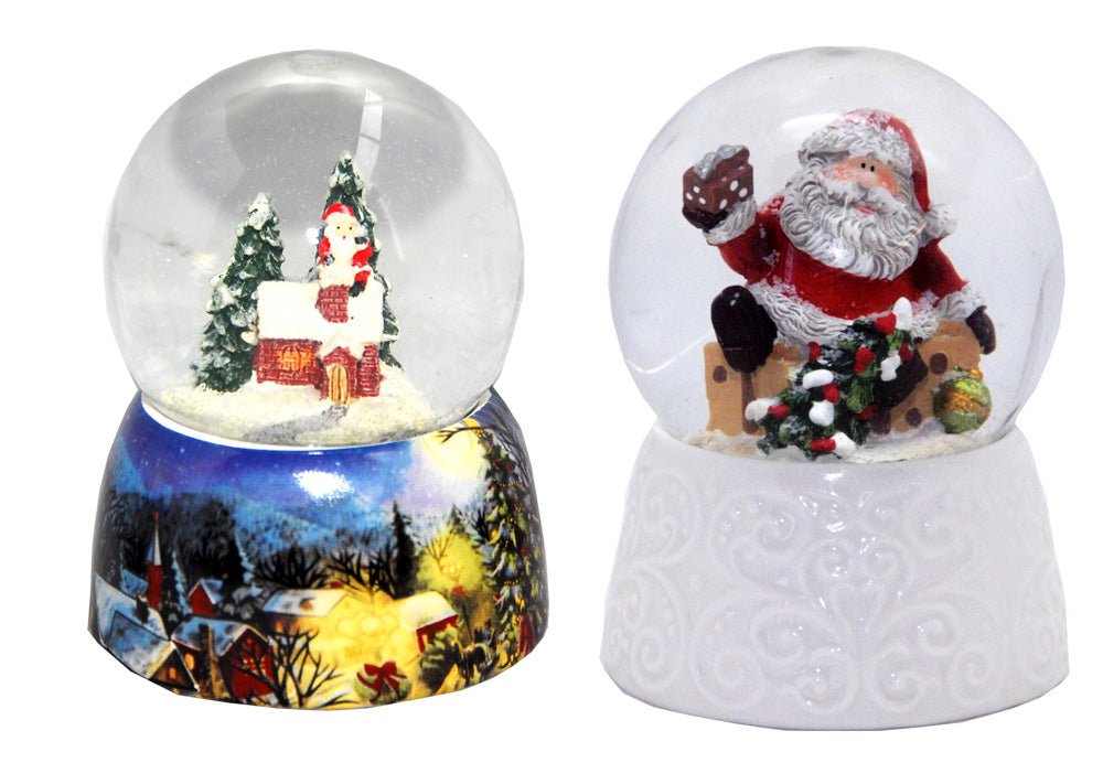 2er-Set Schneekugel Weihnacht Schneemann auf nostalgischem Sockel mit Geschenk und Winterhütte 65mm Durchmesser - Luftblase - Schneekugelhaus