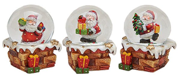 3 süße Weihnachtsmann Schneekugel auf Kamin-Sockel 65mm - Schneekugelhaus