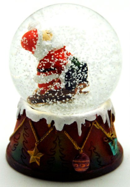 4 süße Schneekugeln Weihnachtsmann auf Schlitten 45mm - Luftblase - Schneekugelhaus