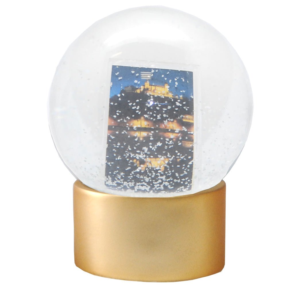 Bastelset mit 100mm Glas für DIY-Schneekugel mit Fotoeinsatz mit Polyresin-Sockel gold rund - Schneekugelhaus