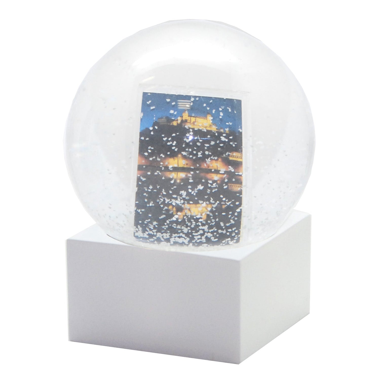 Bastelset mit 100mm Glas für DIY-Schneekugel mit Fotoeinsatz mit Polyresin-Sockel weiß eckig - Schneekugelhaus