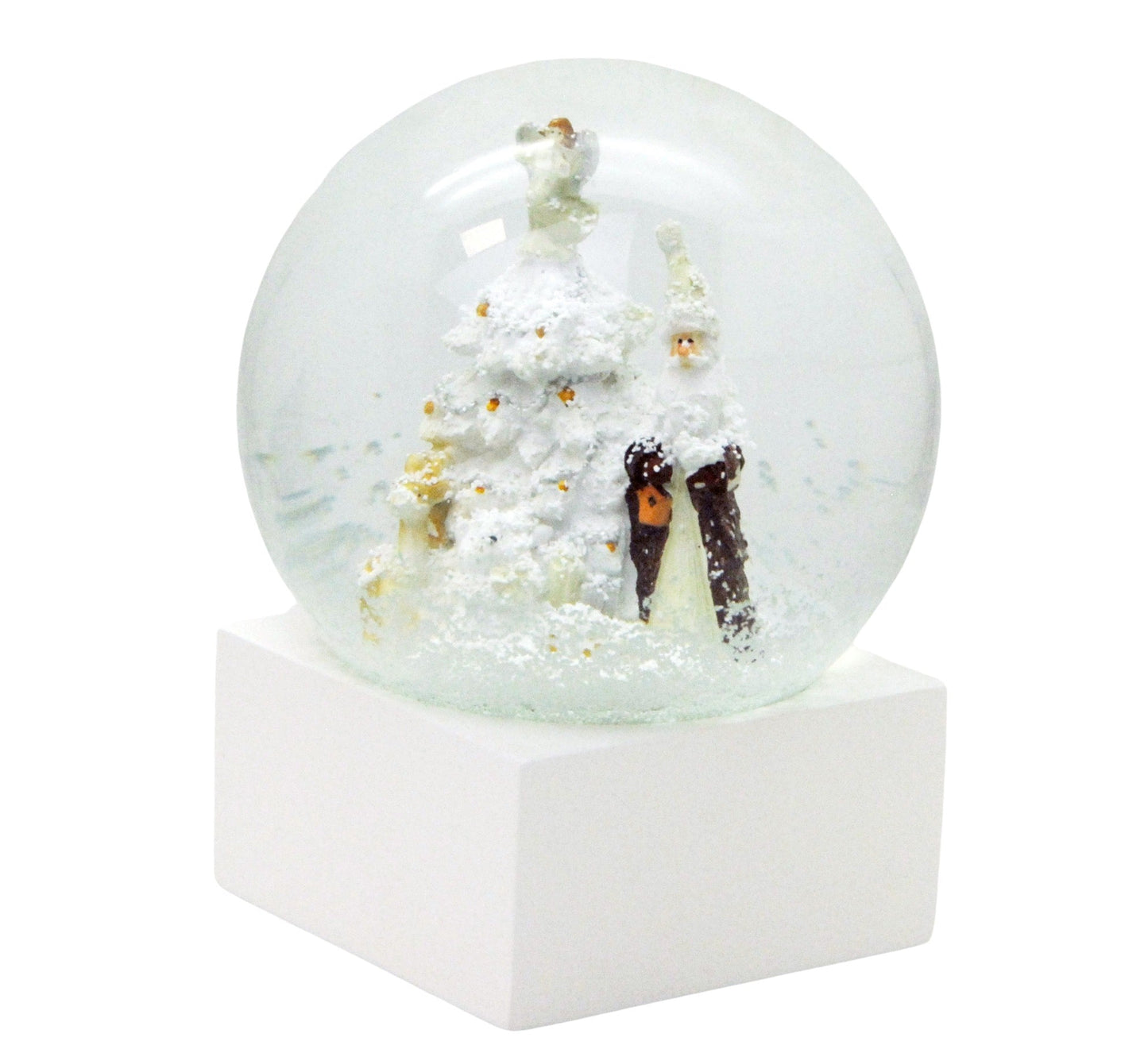 Designer Schneekugel Weihnachtsmann Christbaum weiß silber gold Sockel weiß eck PURE-Line - Schneekugelhaus