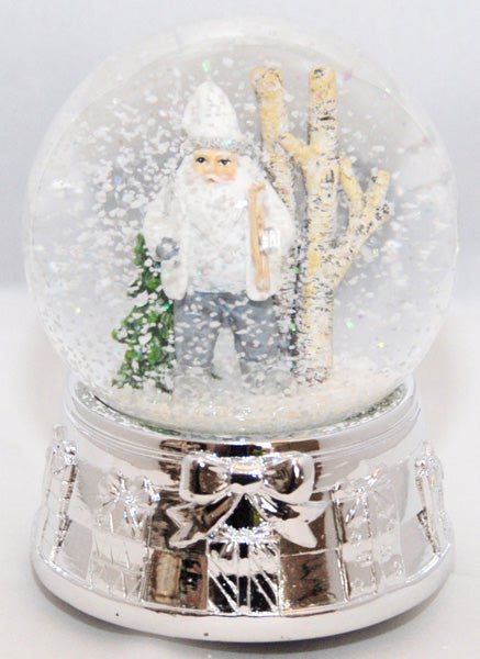 Edle Schneekugel Santa in Schneelandschaft mit Silber-Sockel Geschenkschleife und Spieluhr - Schneekugelhaus