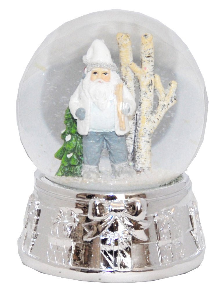 Edle Schneekugel Santa in Schneelandschaft mit Silber-Sockel Geschenkschleife und Spieluhr - Luftblase - Schneekugelhaus