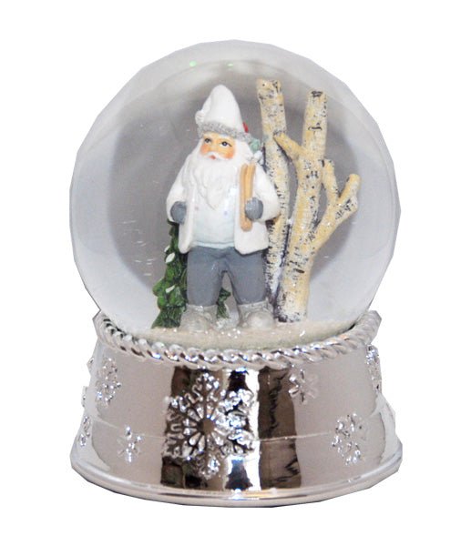 Edle Schneekugel Santa in Schneelandschaft mit Silber-Sockel Schneeflocke und Spieluhr - Schneekugelhaus
