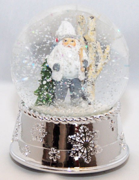 Edle Schneekugel Santa in Schneelandschaft mit Silber-Sockel Schneeflocke und Spieluhr - Schneekugelhaus
