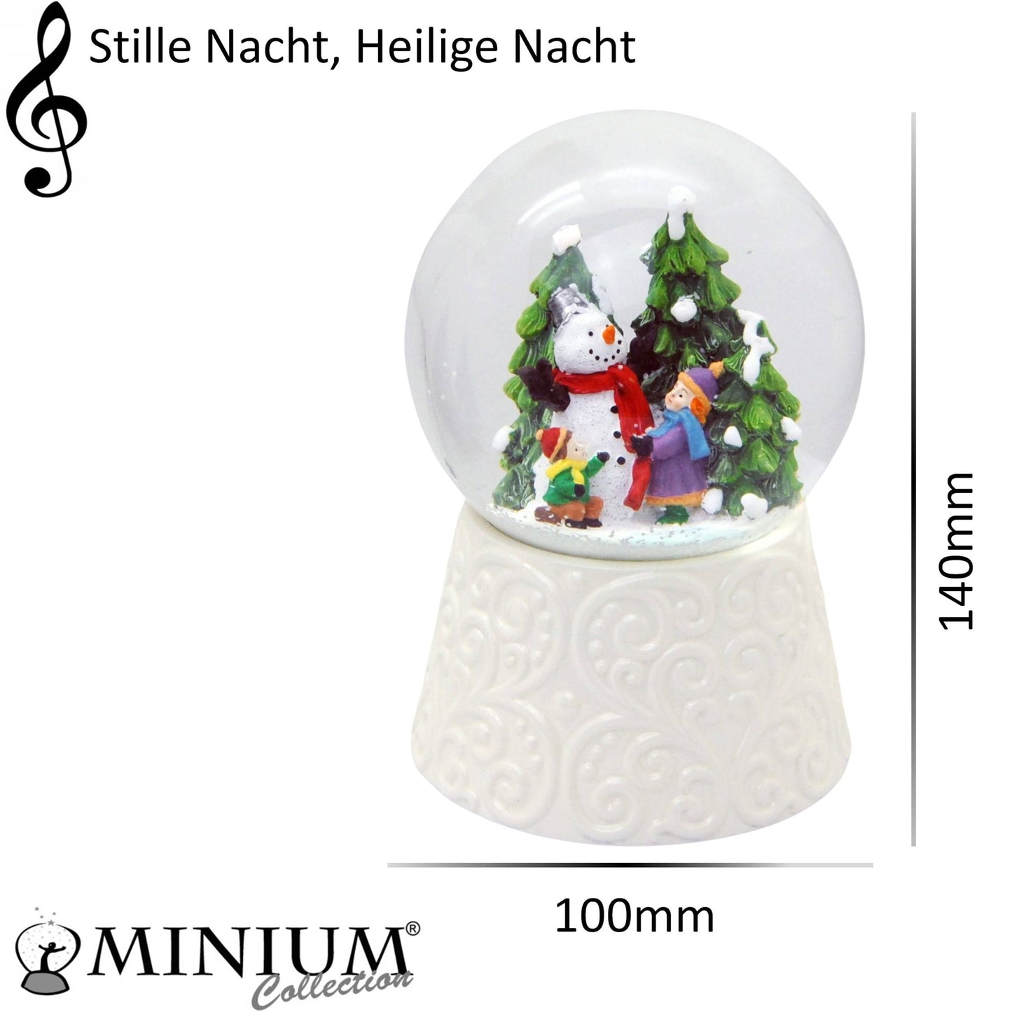Edle Schneekugel Schneemann mit Kindern auf weißem Porzellansockel 100 mm Durchmesser mit Spieluhr - Schneekugelhaus