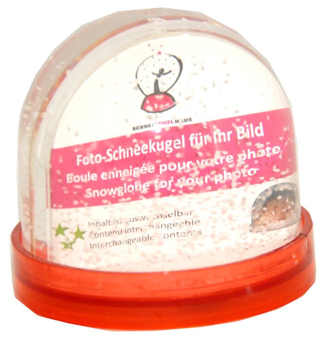 Foto-Schneekugel groß mit Sockel rot und Schnee - Schneekugelhaus