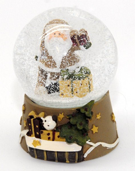 Moderne Weihnachts-Schneekugel Santa mit Geschenkpaket beige - Schneekugelhaus