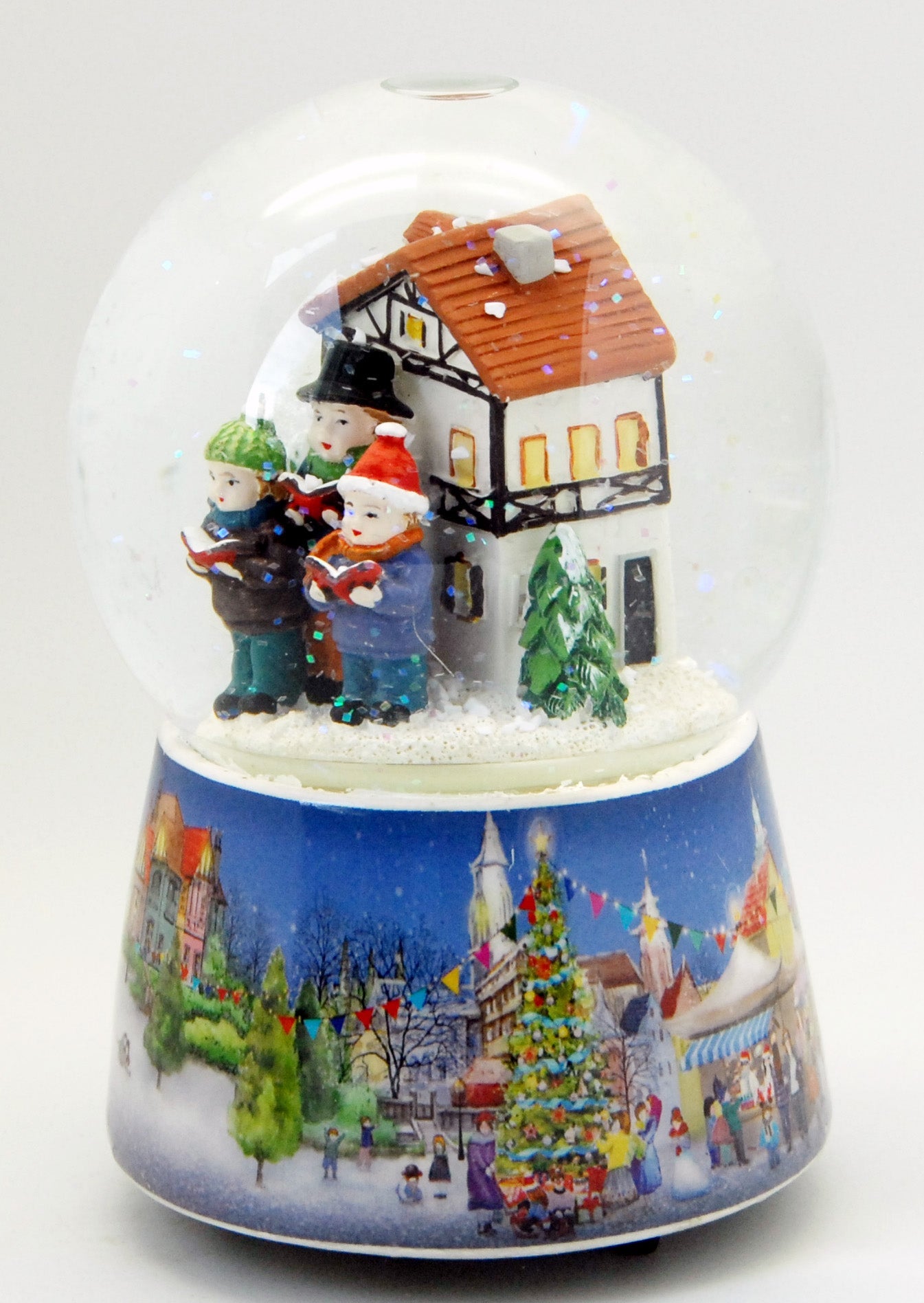 Nostalgie-Schneekugel Adventssinger auf Weihnachtsmarkt mit Musikspieluhr Stille Nacht Heilige Nacht - Luftblase - Schneekugelhaus