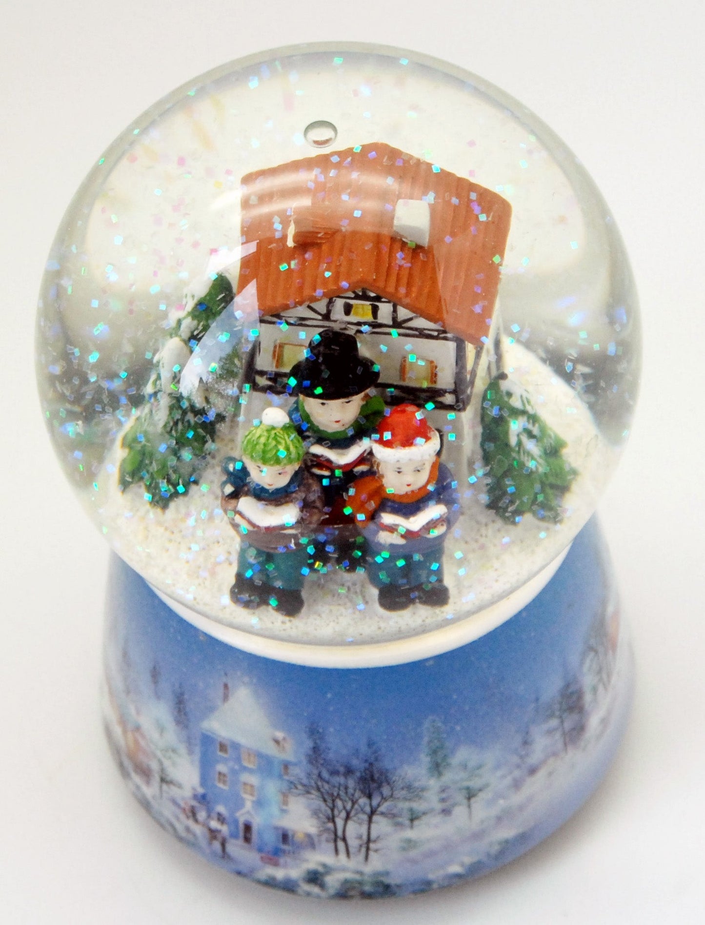 Nostalgie-Schneekugel Adventssinger in Winterlandschaft mit Musikspieluhr "Stille Nacht - Heilige Nacht" - Luftblase - Schneekugelhaus