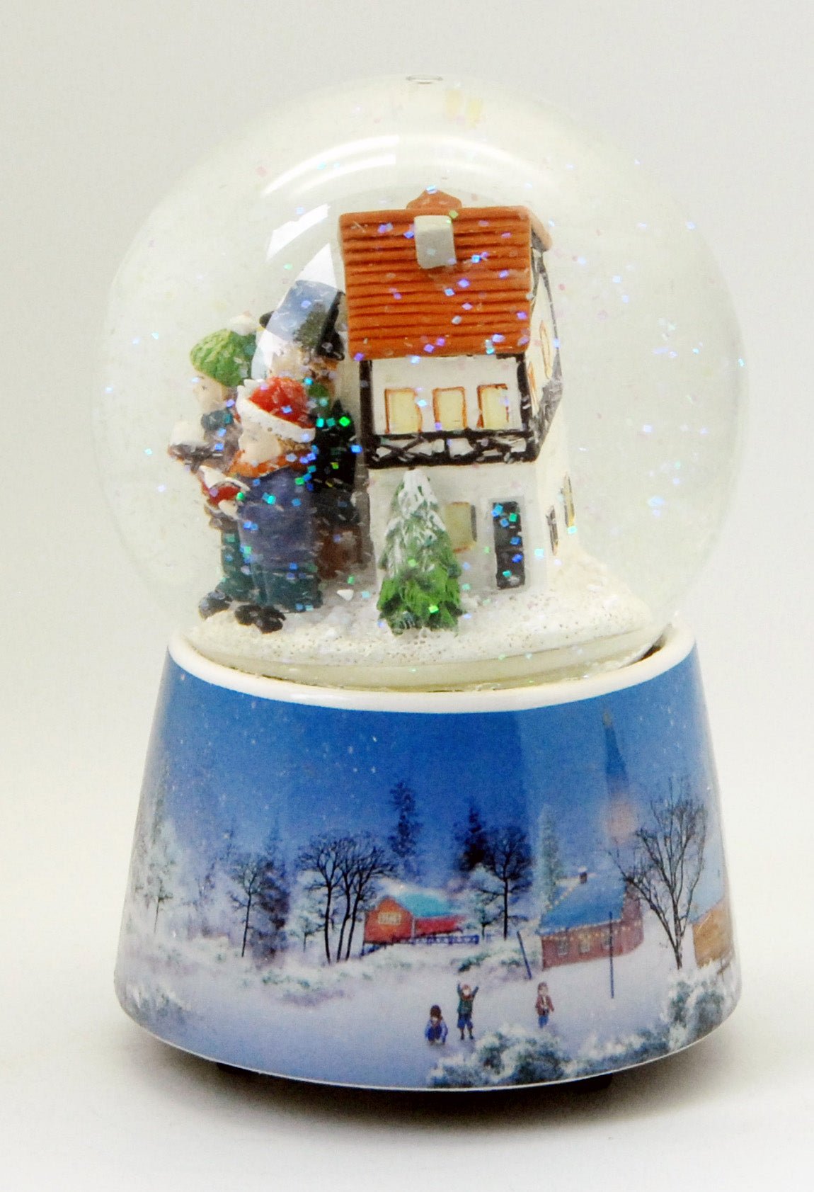 Nostalgie-Schneekugel Adventssinger in Winterlandschaft mit Musikspieluhr "Stille Nacht - Heilige Nacht" - Luftblase - Schneekugelhaus