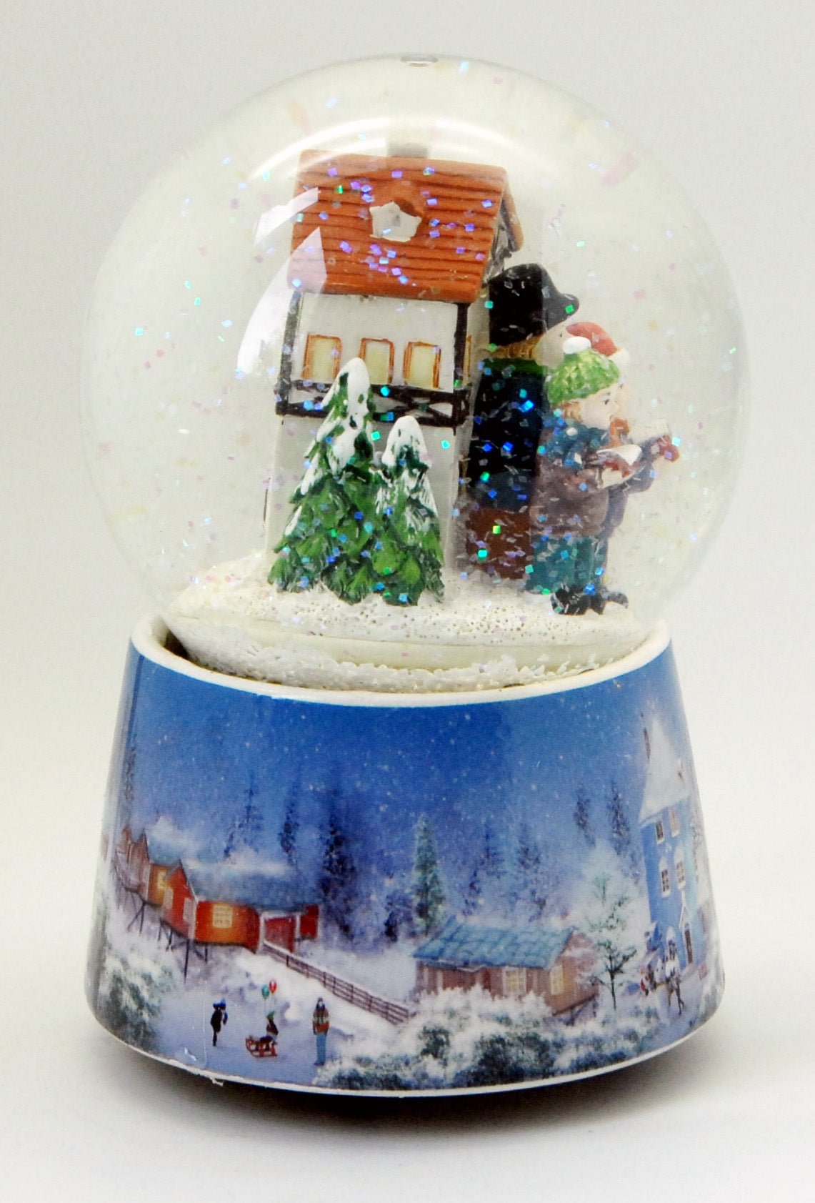Nostalgie-Schneekugel Adventssinger in Winterlandschaft mit Musikspieluhr "Stille Nacht - Heilige Nacht" - Luftblase - Schneekugelhaus