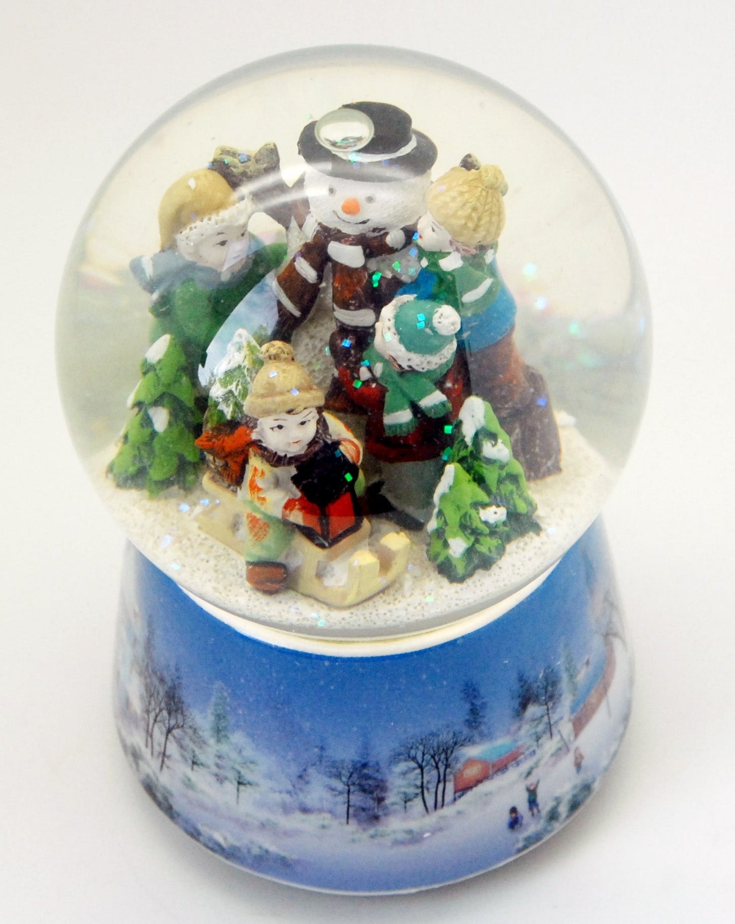Nostalgie-Schneekugel Schneemann bauen mit Musikspieluhr "White Christmas"- Luftblase - Schneekugelhaus