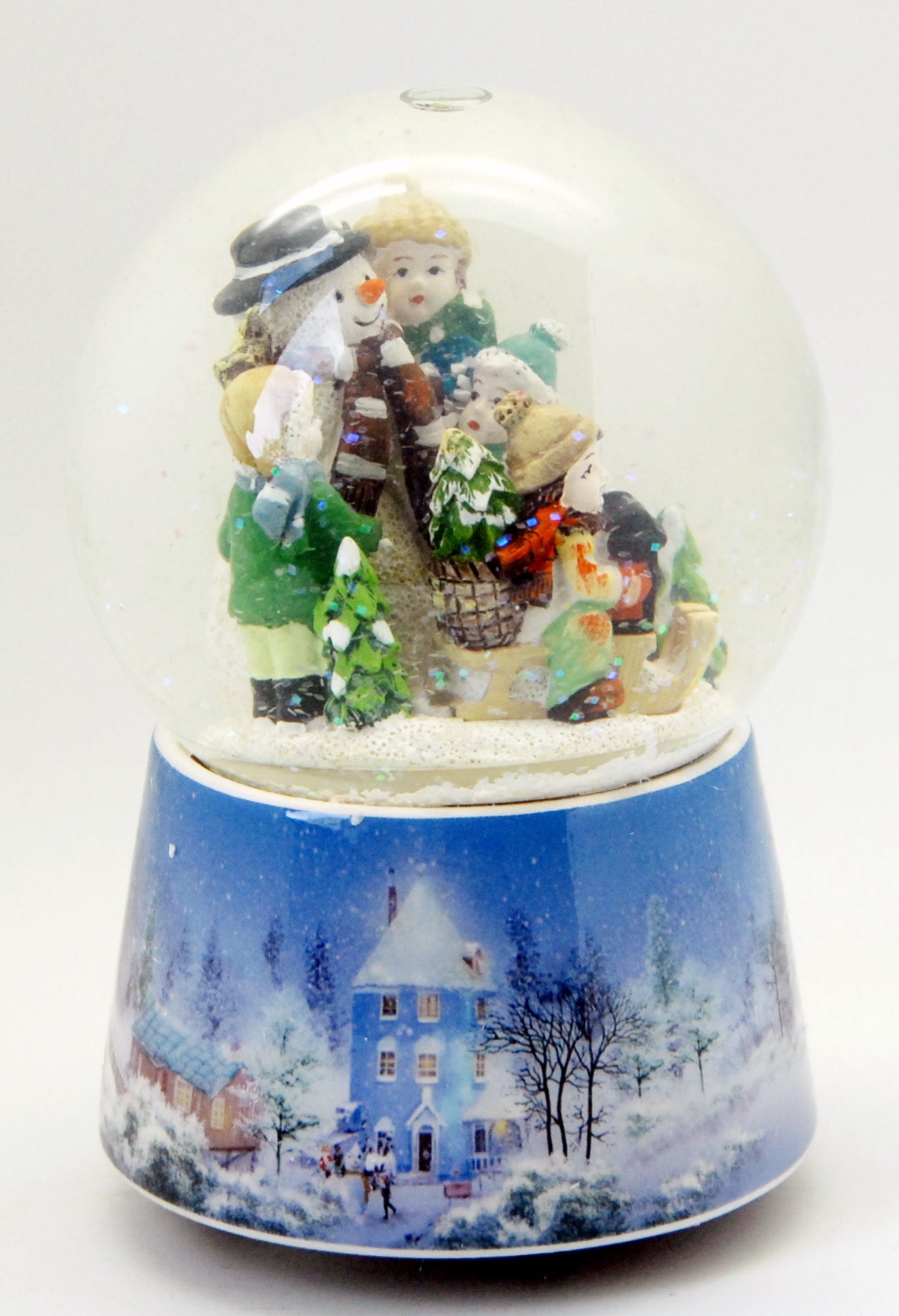 Nostalgie-Schneekugel Schneemann bauen mit Musikspieluhr "White Christmas"- Luftblase - Schneekugelhaus