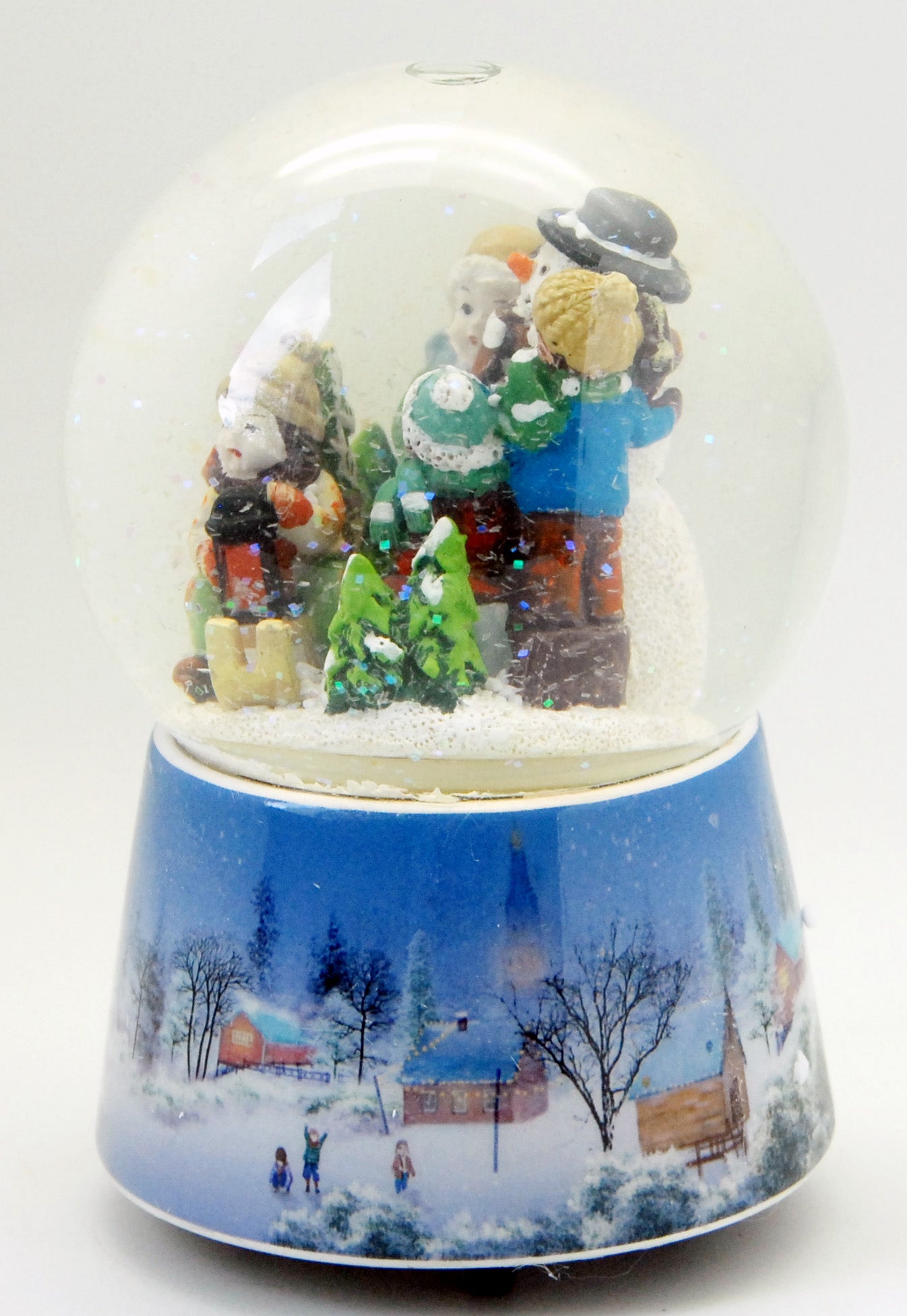 Nostalgie-Schneekugel Schneemann bauen mit Musikspieluhr "White Christmas"- Luftblase - Schneekugelhaus