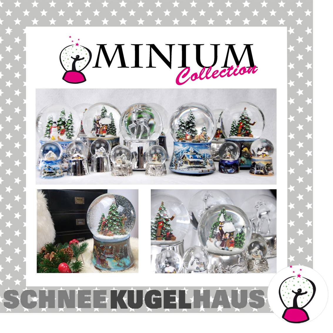 Schneekugel Christbaum schmücken auf Sockel silber rund geschwungen 10 cm Durchmesser - Schneekugelhaus