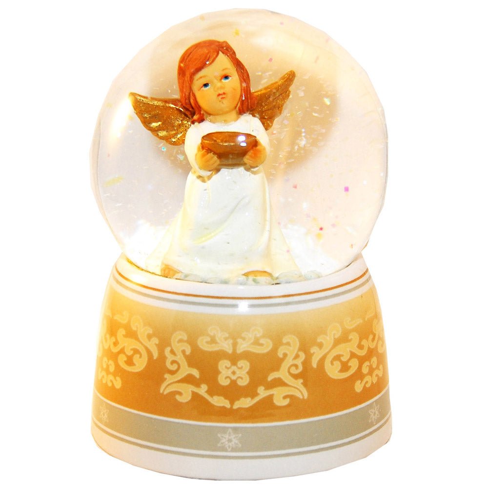 Schneekugel Engel beige/weiß mit Schale mit Spieluhr - Schneekugelhaus