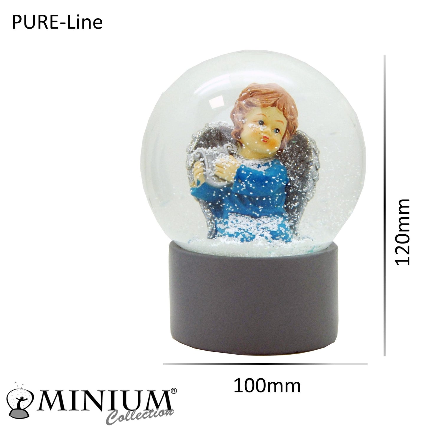 Schneekugel Engel blau mit Harfe auf Sockel grau rund "PURE-Line" 10 cm Durchmesser - Schneekugelhaus