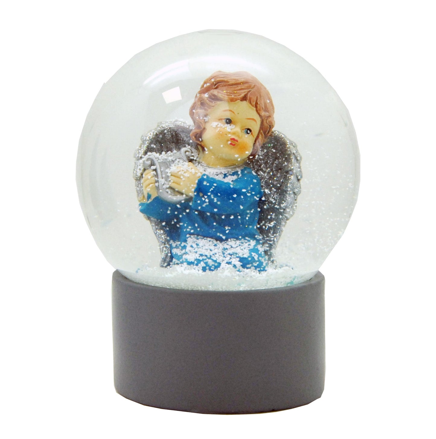 Schneekugel Engel blau mit Harfe auf Sockel grau rund "PURE-Line" 10 cm Durchmesser - Schneekugelhaus