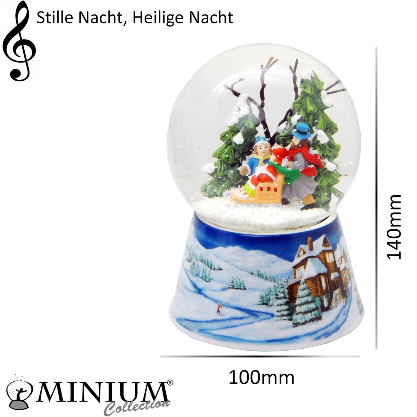 Schneekugel Familienspaziergang Winterwald auf Sockel Winterlandschaft mittelblau mit Spieluhr 10 cm Durchmesser - Schneekugelhaus