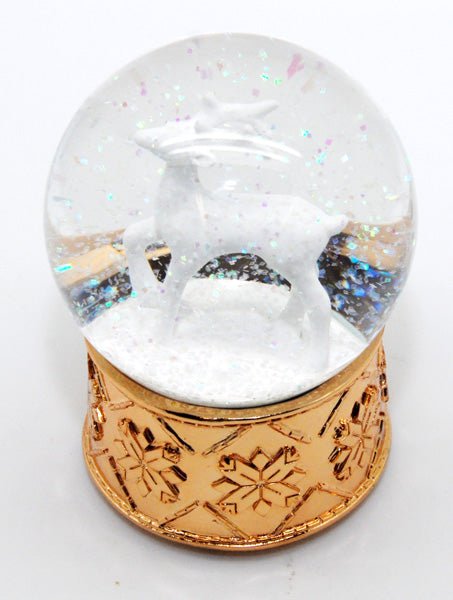 Schneekugel Reh weiß mit kupfergold-Sockel Schneeflocke mit Spieluhr - Luftblase - Schneekugelhaus