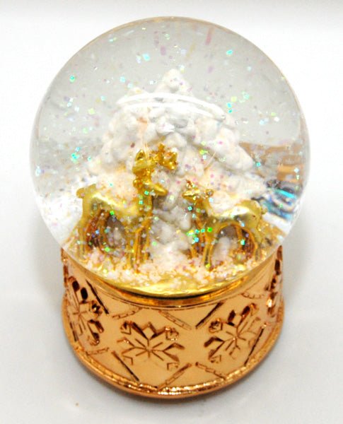 Schneekugel Rehe mit Baum mit kupfergold-Sockel Schneeflocke mit Spieluhr - Schneekugelhaus