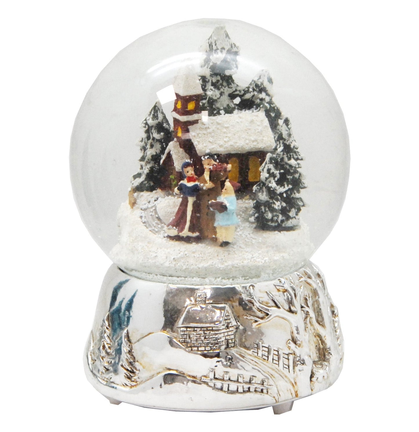 Schneekugel Romantischer Winterspaziergang auf Silber Sockel mit Spieluhr Winter Wonderland 10 cm Durchmesser - Schneekugelhaus