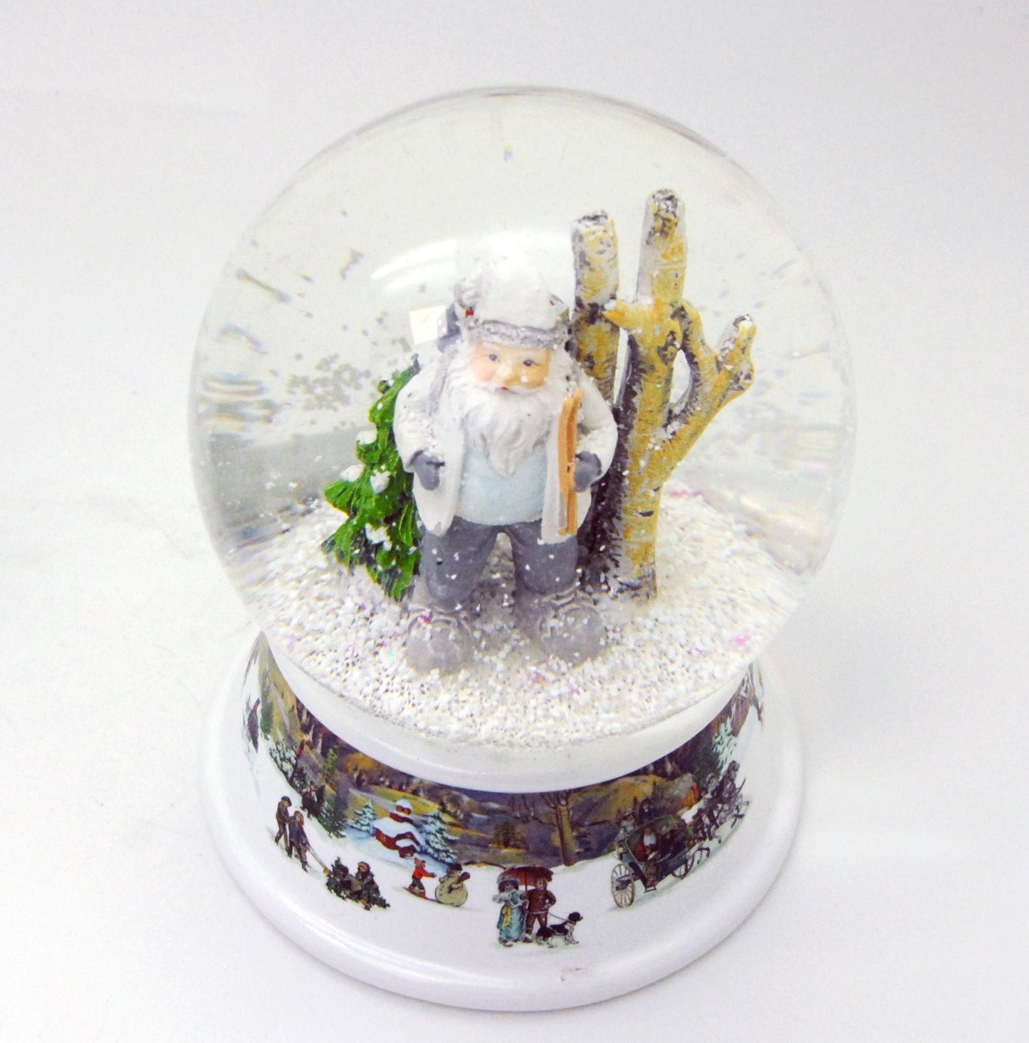 Schneekugel Santa weiß im Winterwald auf Sockel nostalgische Winterlandschaft mit Spieluhr 10 cm Durchmesser - Schneekugelhaus