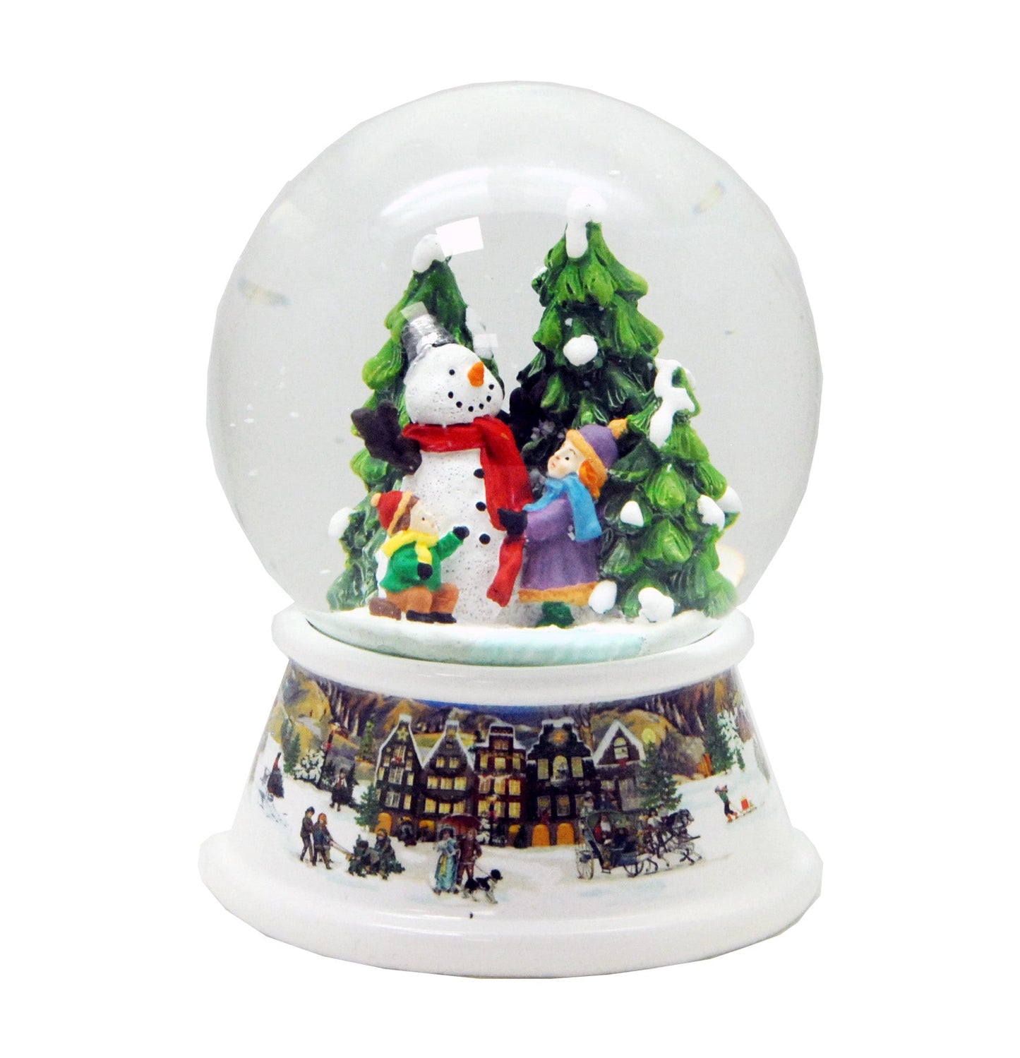 Schneekugel Schneemann mit Kindern auf Sockel nostalgische Häuserlandschaft mit Spieluhr 10 cm Durchmesser - Schneekugelhaus