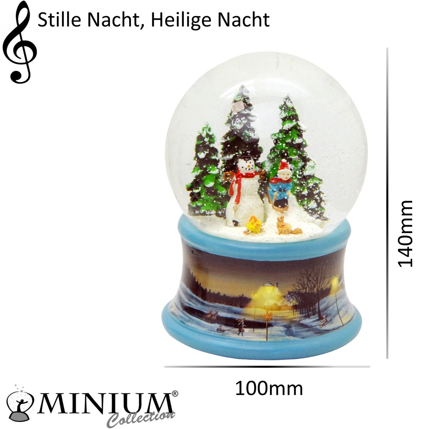 Schneekugel Schneemann steht im Winterwald mit Kind auf Schlitten auf Sockel Winterlandschaft Eisläufer blau mit Spieluhr - Schneekugelhaus