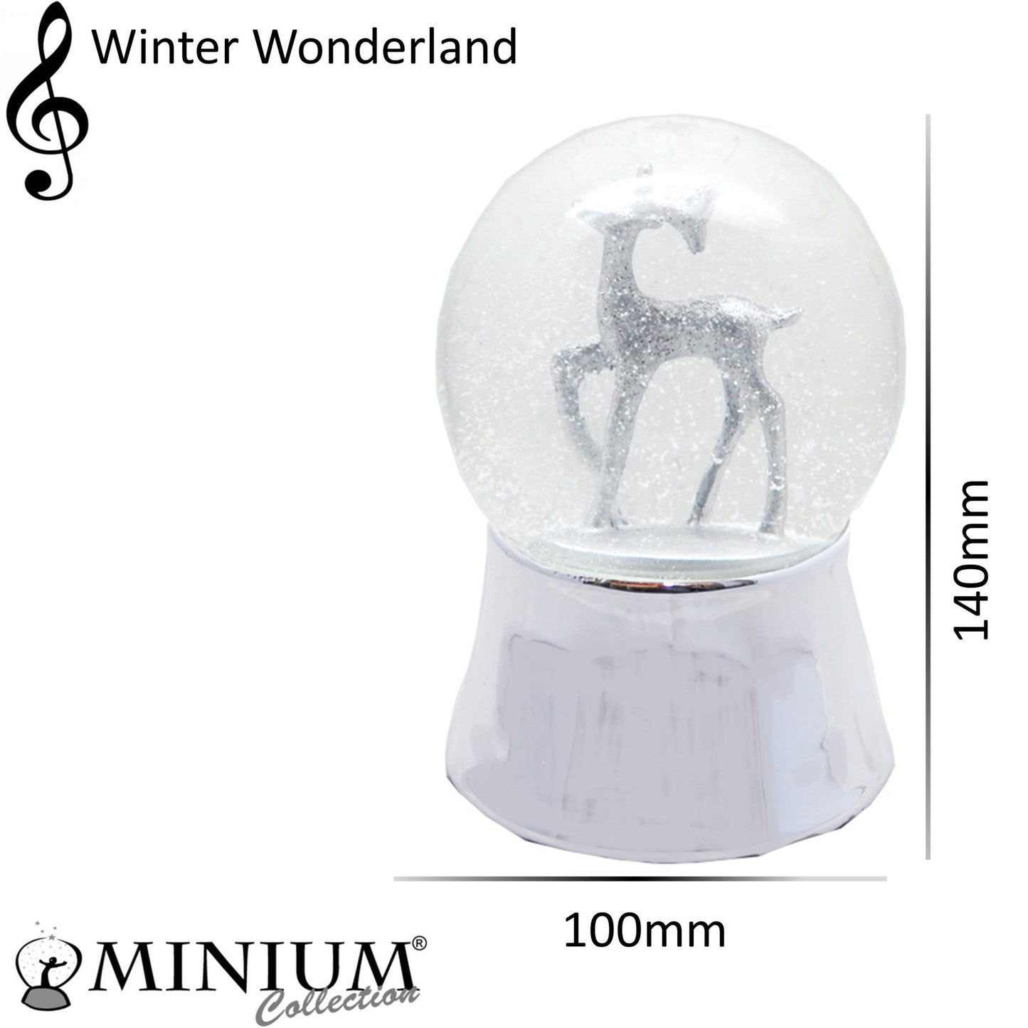 Schneekugel Silber Reh auf silber Sockel mit Spieluhr Winter Wonderland 10 cm Durchmesser - Schneekugelhaus