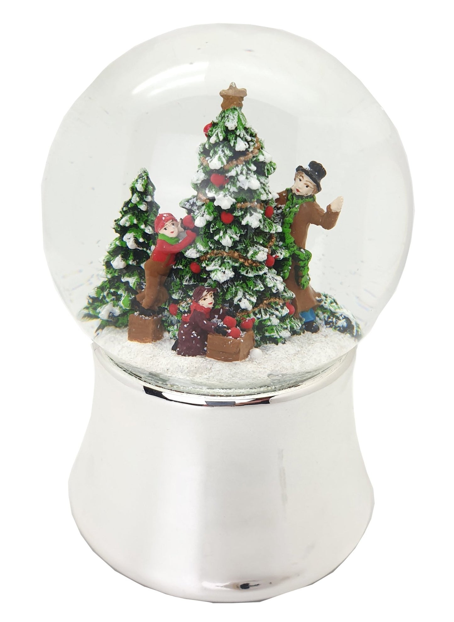 Schneekugel Tannenbaum schmücken auf silber Sockel mit Spieluhr 10 cm Durchmesser - Schneekugelhaus