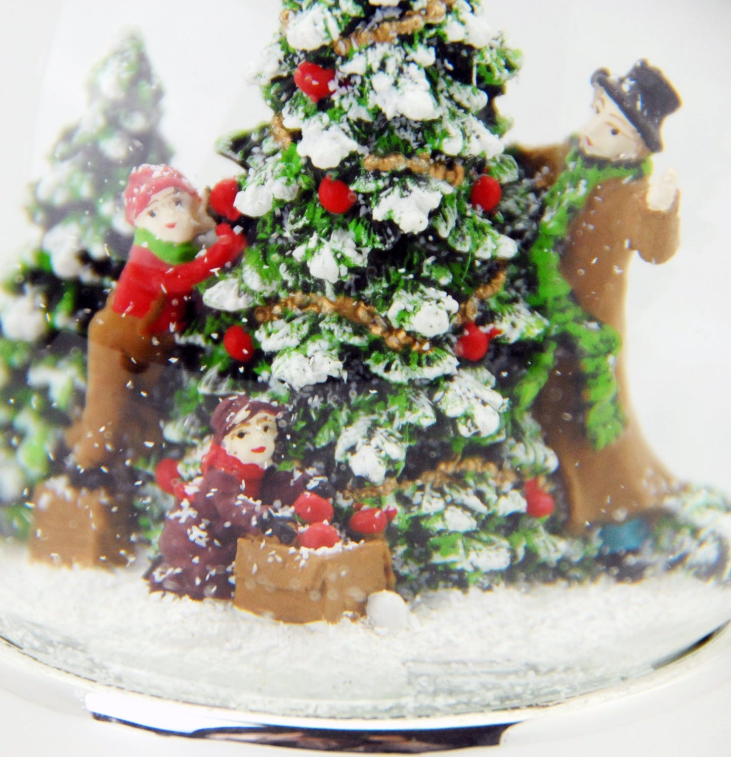 Schneekugel Tannenbaum schmücken auf silber Sockel mit Spieluhr 10 cm Durchmesser - Schneekugelhaus