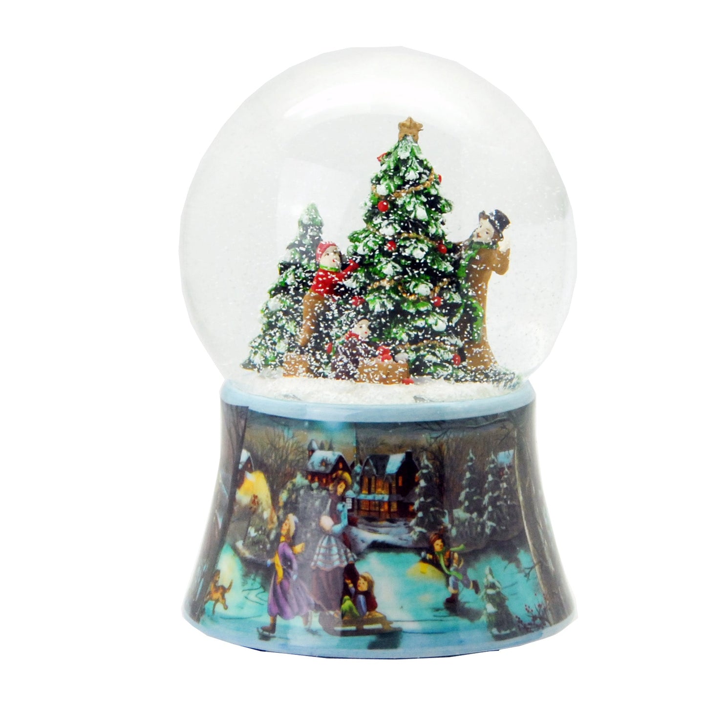 Schneekugel Tannenbaum schmücken auf Sockel Weihnachtsmarkt mit Spieluhr Jingle Bells 10 cm Durchmesser - Schneekugelhaus