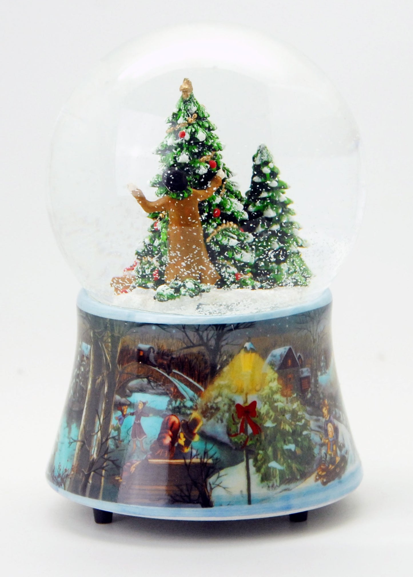 Schneekugel Tannenbaum schmücken auf Sockel Weihnachtsmarkt mit Spieluhr Jingle Bells 10 cm Durchmesser - Schneekugelhaus