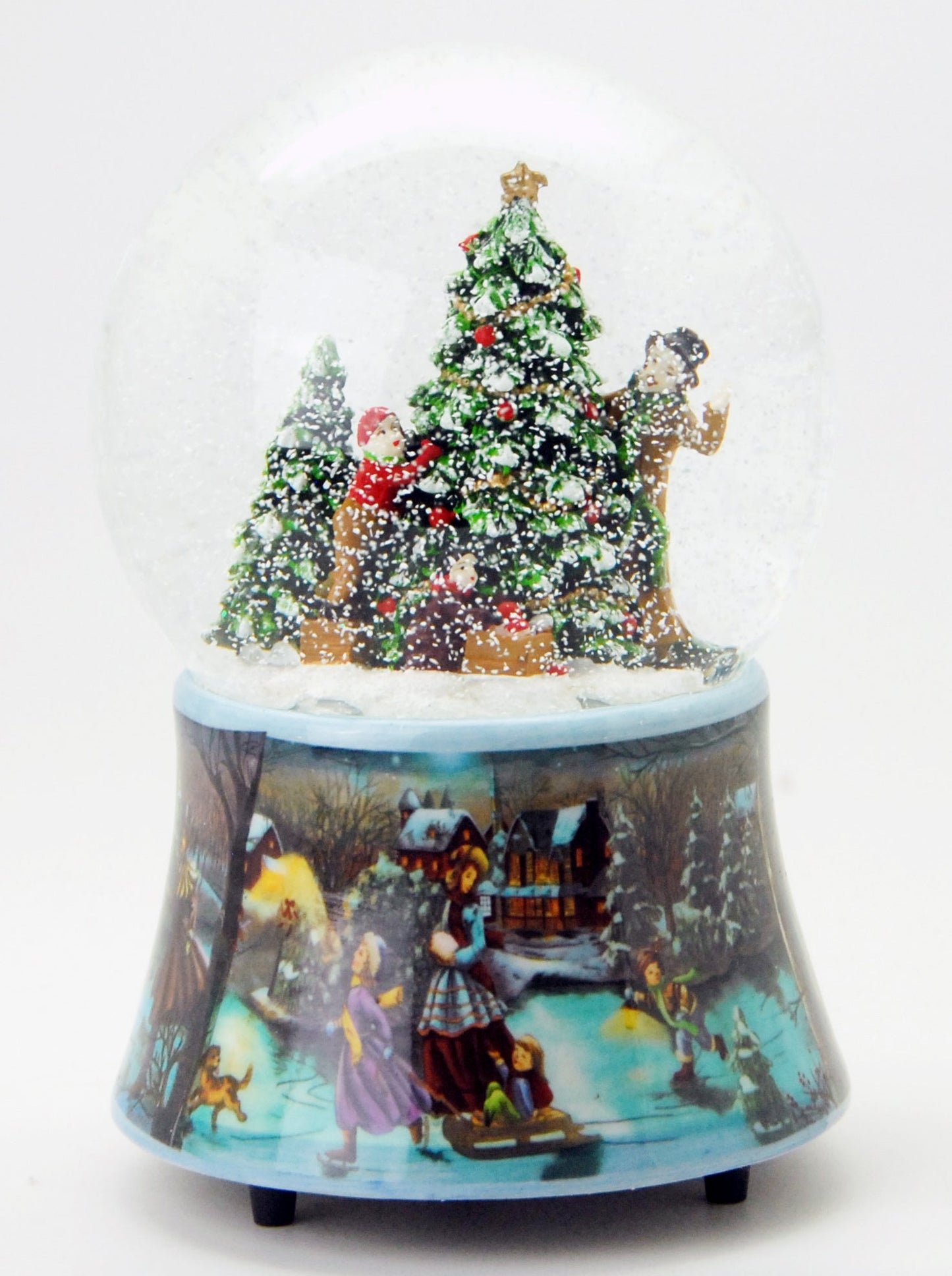 Schneekugel Tannenbaum schmücken auf Sockel Weihnachtsmarkt mit Spieluhr Jingle Bells 10 cm Durchmesser - Schneekugelhaus