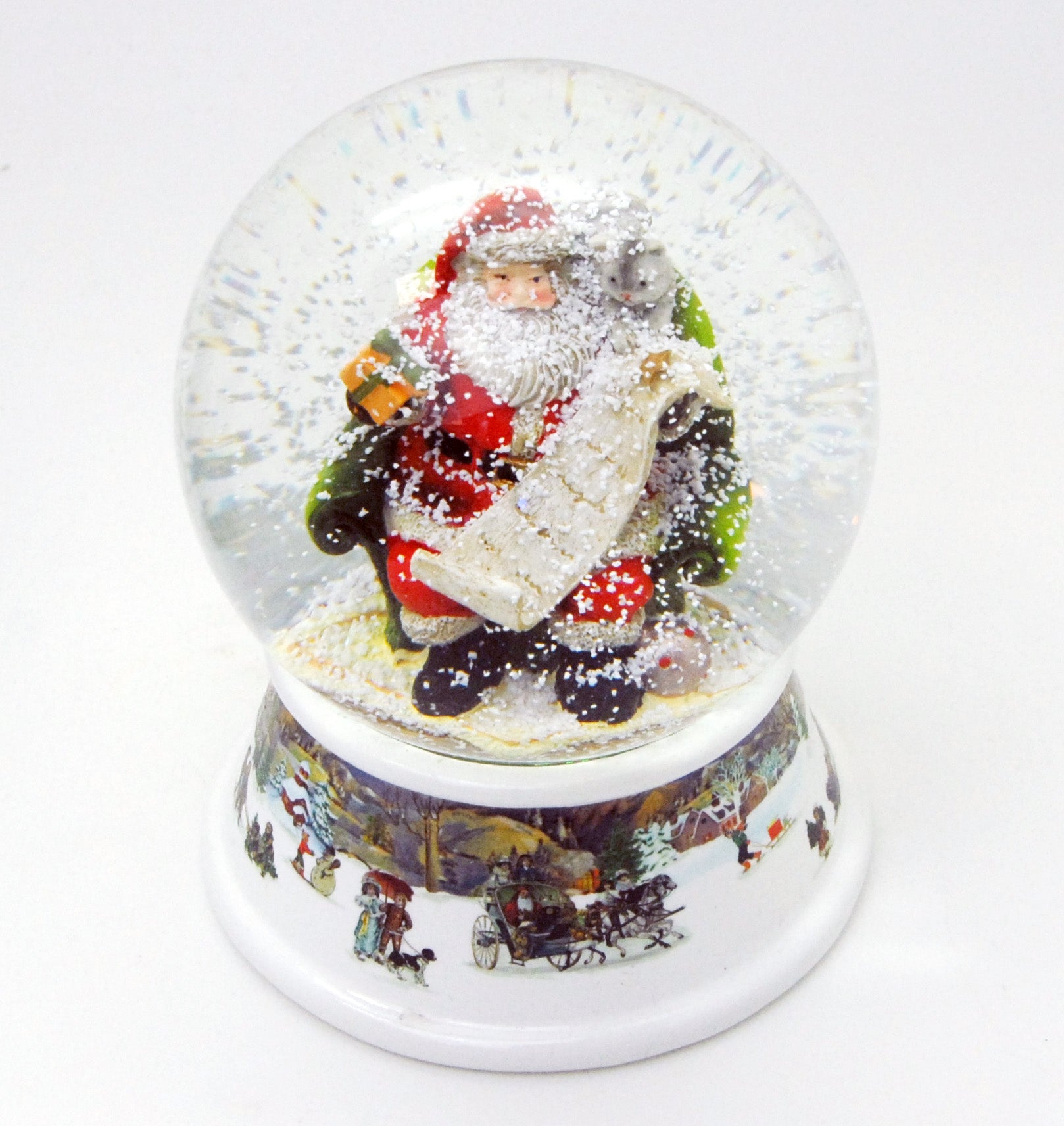 Schneekugel Weihnachtsmann mit Geschenkeliste auf Sockel nostalgische Schneelandschaft mit Spieluhr - Schneekugelhaus