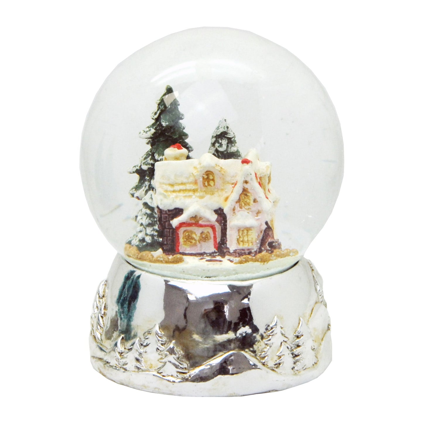 Schneekugel Zuckerbäckerhaus auf Silber Sockel mit Spieluhr We wish you a merry Christmas - Schneekugelhaus