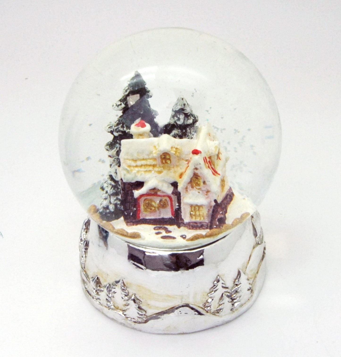 Schneekugel Zuckerbäckerhaus auf Silber Sockel mit Spieluhr We wish you a merry Christmas - Schneekugelhaus