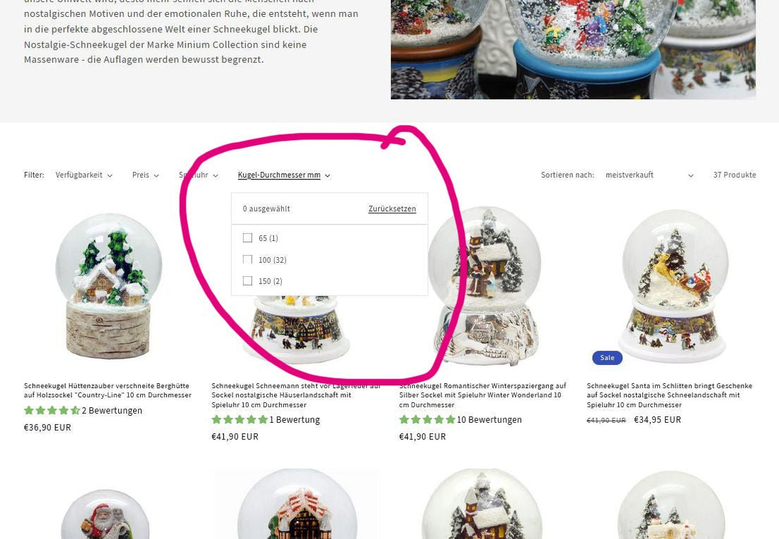 NEU im Shop: Filterfunktion auf den Kugel Durchmesser - Schneekugelhaus