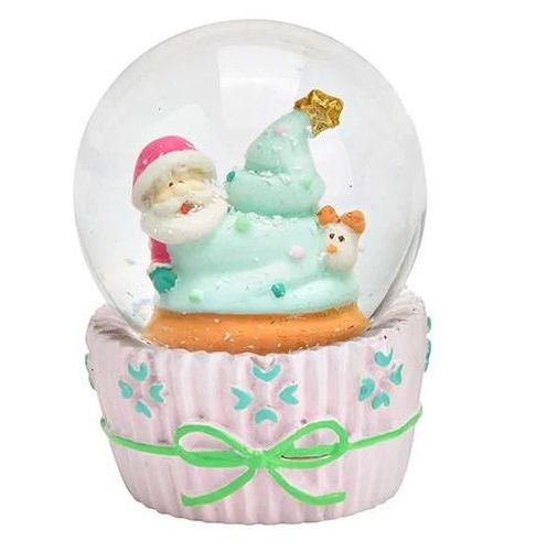 Süße Mini-Schneekugel Muffin rosa Santa auf Sockel Weihnachtsbäckerei 45 mm Durchmesser Luftblase