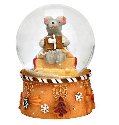 Süße Mini-Schneekugel Weihnachtsmaus Geschenkpaket auf Sockel Weihnachtsbäckerei 45 mm Durchmesser