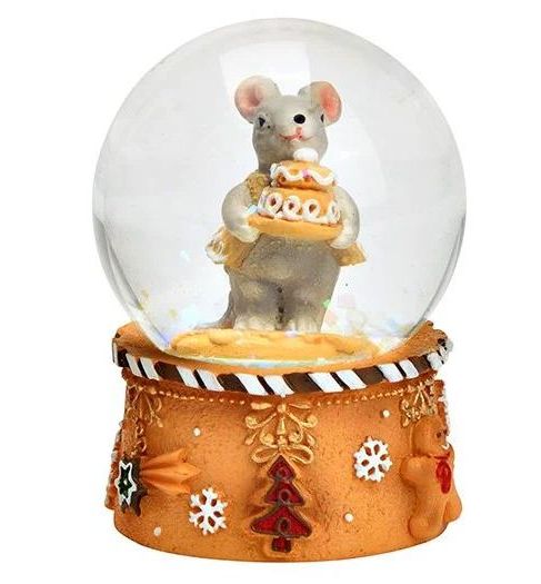 Süße Mini-Schneekugel Weihnachtsmaus Weihnachtstorte auf Sockel Weihnachtsbäckerei 45 mm Durchmesser