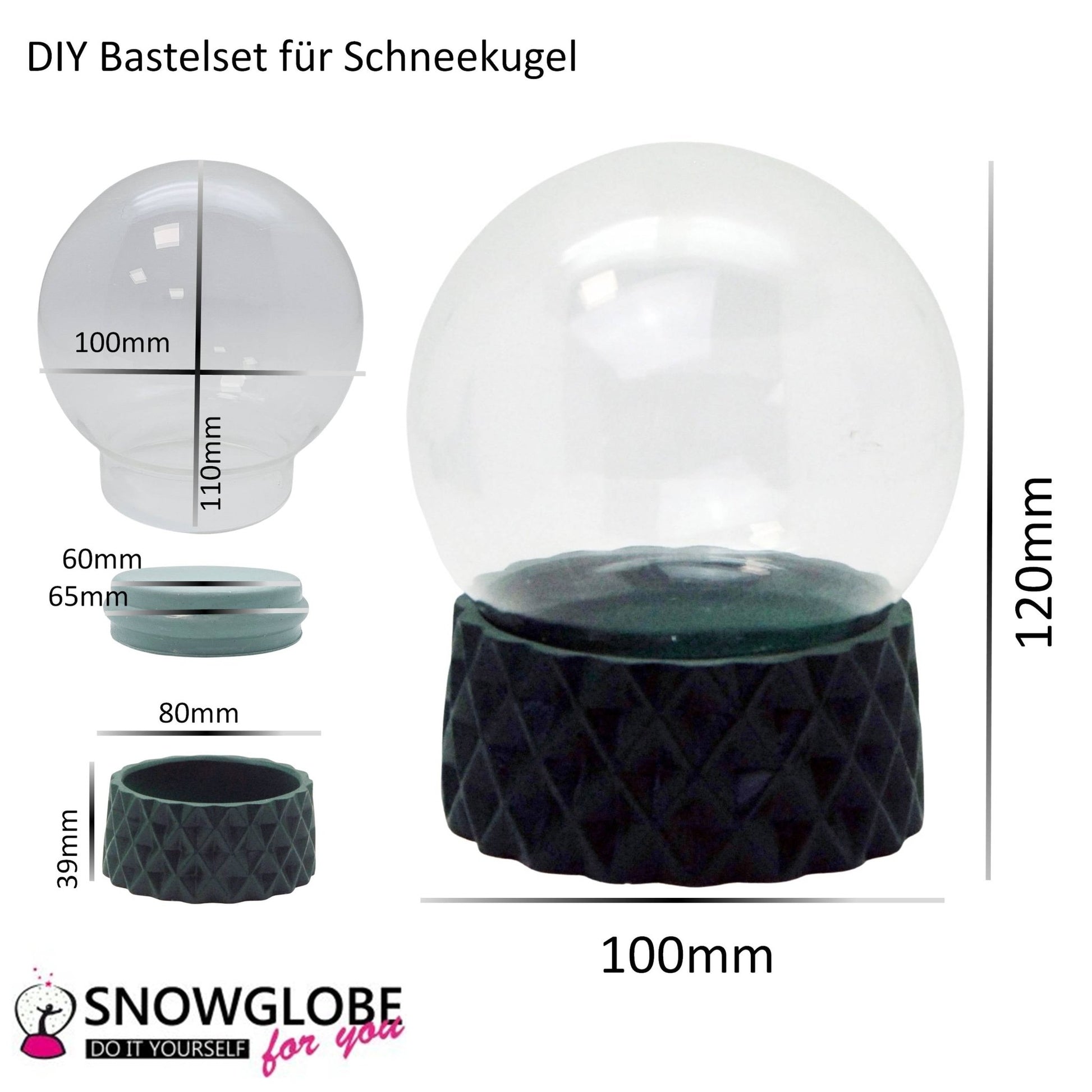 100mm Bastelset Polyresin Sockel dunkelgrün rund kubisch mit DIY - Schneekugel - 1 x Schnee - Schneekugelhaus